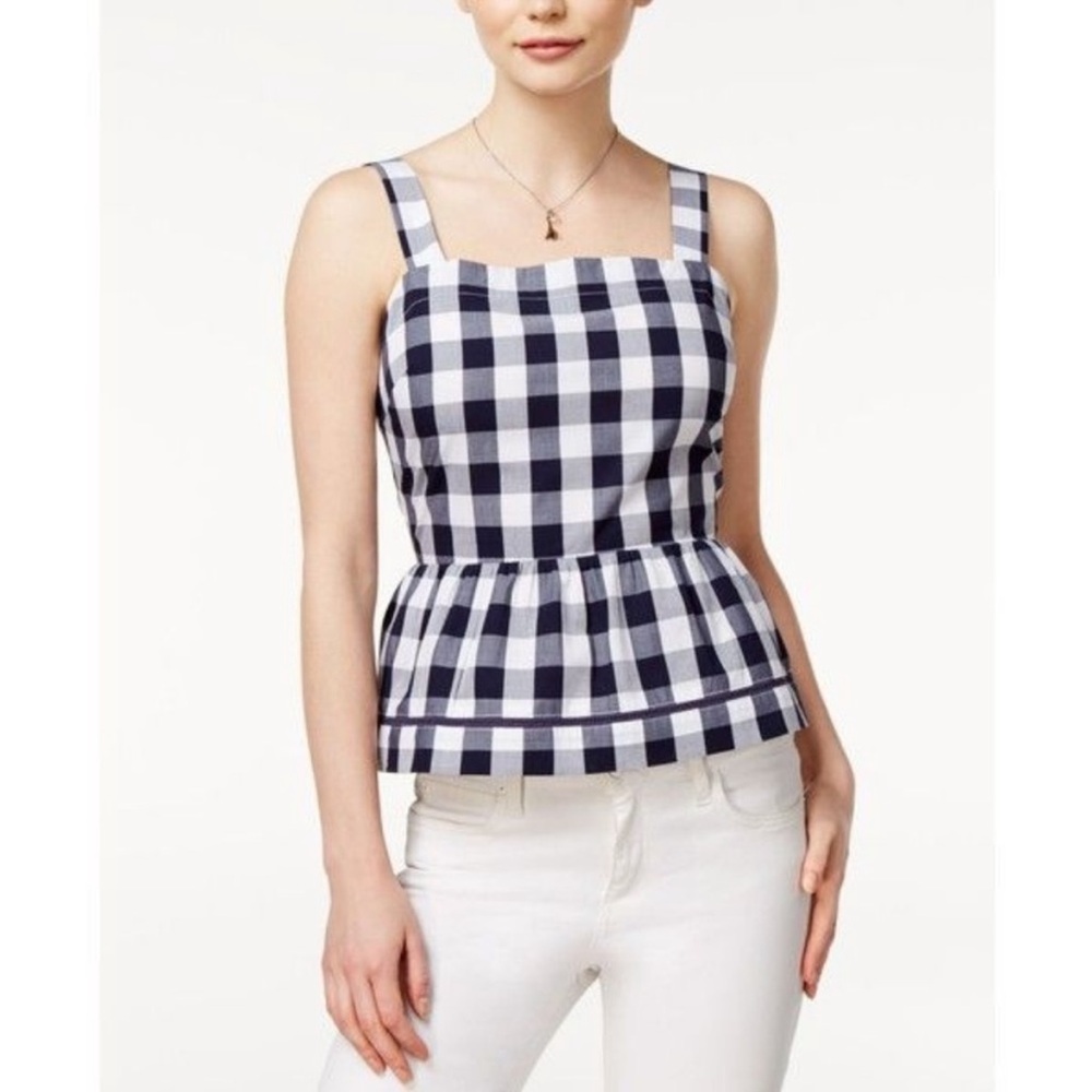 Navy Buffalo Check Gingham Peplum Top, Sz XL